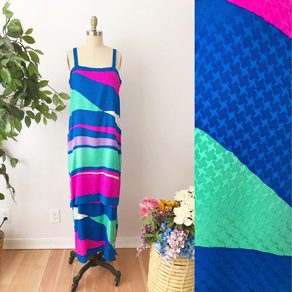 1970s Brijo Silk Maxi Dress - Pink Teal Blue Colu… - image 1