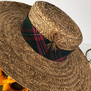 Wide Brim Plaid Boater Hat Wall Decor Vintage Hat Giant Brim Straw Hat image 2