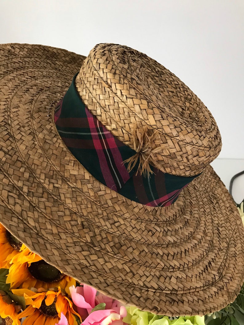 Wide Brim Plaid Boater Hat Wall Decor Vintage Hat Giant Brim Straw Hat image 2