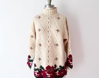 SIZE M 1980s LL Bean Christmas Sweater / 80s Mockneck Long Sleeve Wool Knit Sweater with Poinsettias / Vintage LL Bean Wool Sweater Holiday