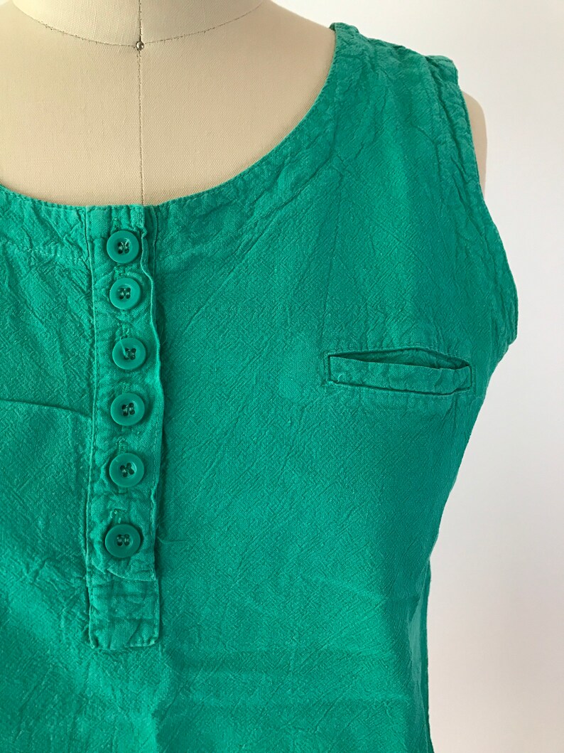 SIZE M Vintage Thick Cotton Teal Tank Top Teal Green Vintage Button Scoop Neck Shirt Sleeveless Solids image 3