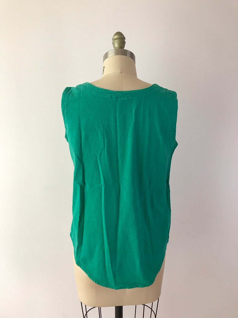 SIZE M Vintage Thick Cotton Teal Tank Top Teal Green Vintage Button Scoop Neck Shirt Sleeveless Solids image 4