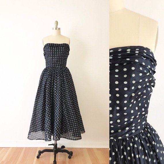 SIZE S 1950s Polka Dot Party Dress / 50s Silk Navy