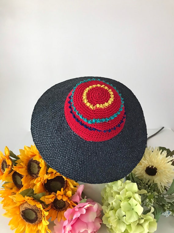 Vintage 1980s Navy Straw Wide Brim Hat - Funky Crochet Crown  display picture 1