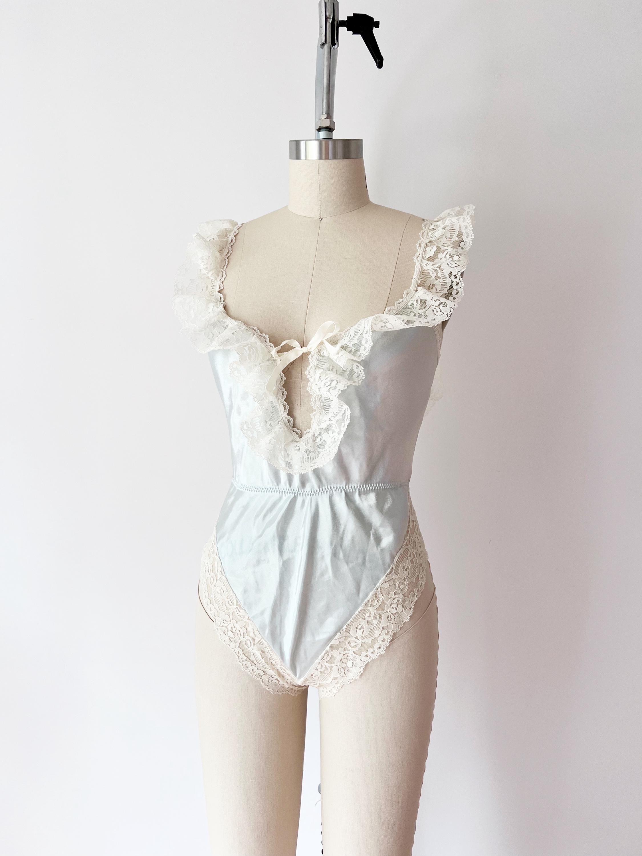 SIZE XS / S Blue Satin Body Suit Teddy - Lace Top Ruffle Strap