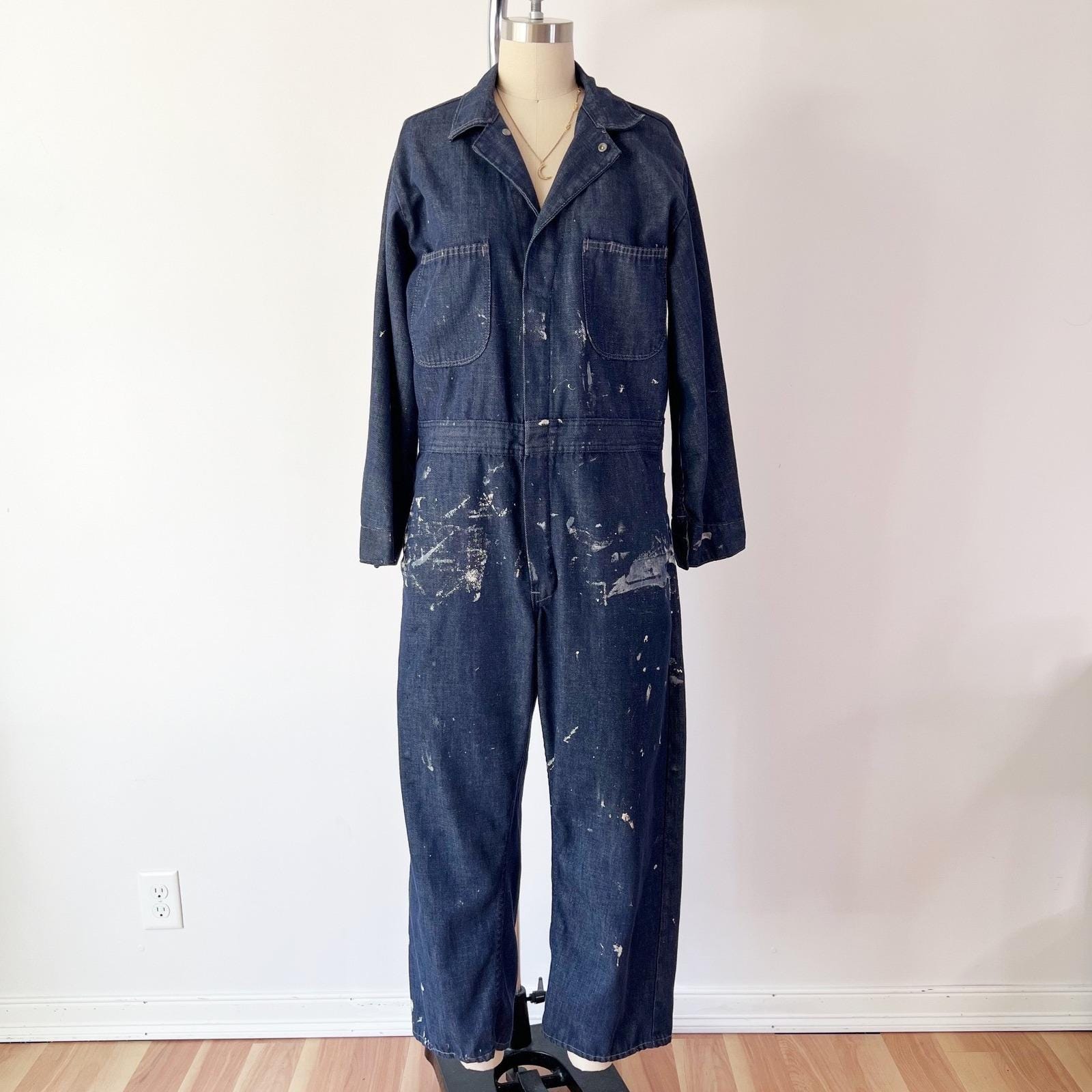 Vintage Denim Coveralls Indigo Blue Paint Splatter Workwear Boiler
