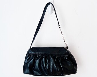 00s leather shoulder bag gather y2k Y2K Black Faux Leather Ruched 