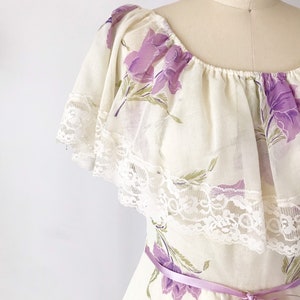 SIZE S Vintage 1970s Purple Peasant Prairie Dress Ruffle Tiered Floral Off the Shoulder Gauze Cottagecore Hawaiian image 2