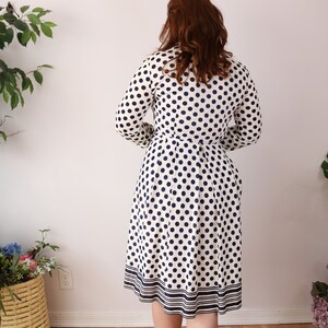 SIZE M Vintage 70s Blue & White Dot Dress Striped Polka Dot Dress Long Sleeve Shirt Dress Border Skirt Patriotic Dress Americana image 3