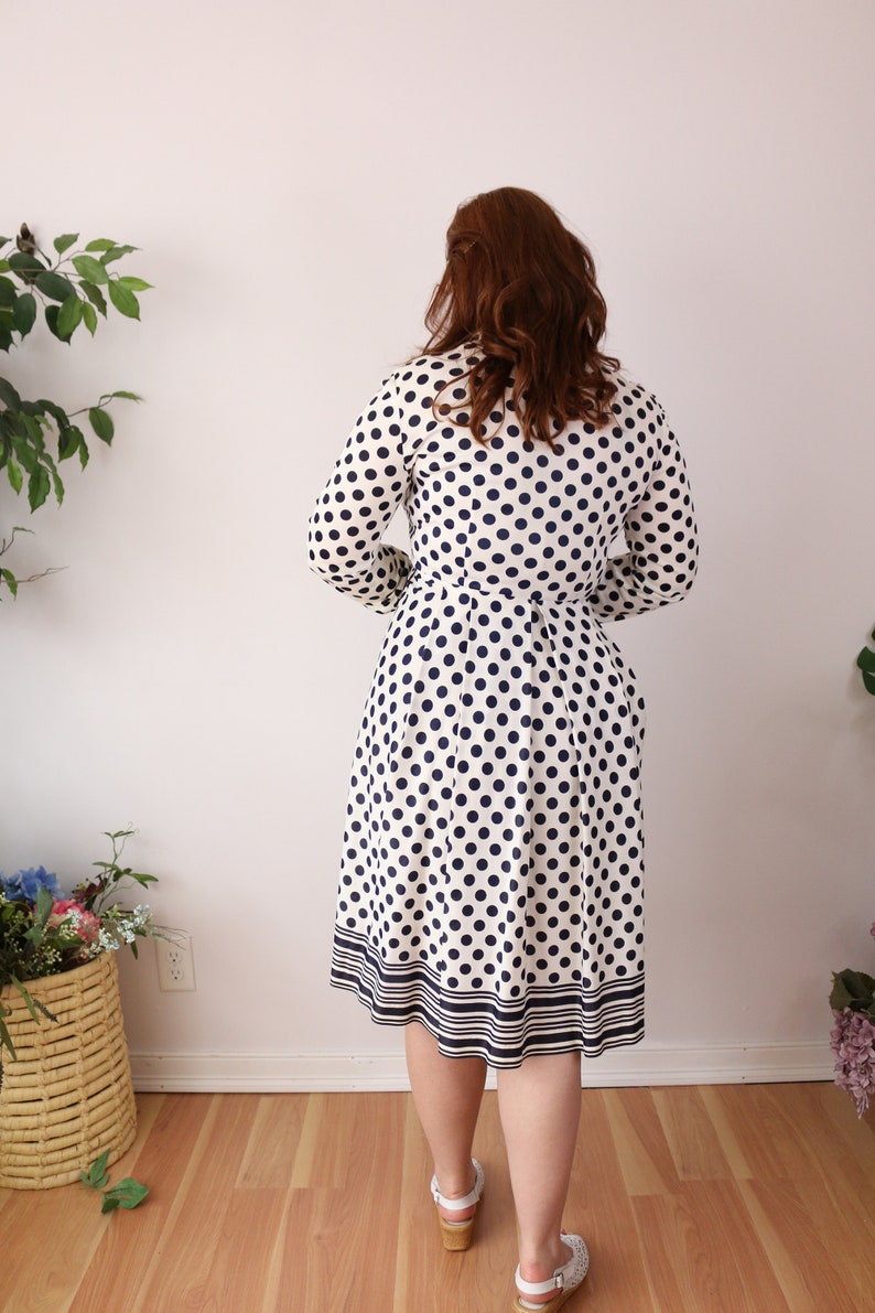 SIZE M Vintage 70s Blue & White Dot Dress Striped Polka Dot Dress Long Sleeve Shirt Dress Border Skirt Patriotic Dress Americana image 3