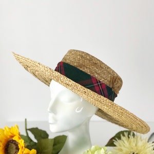Wide Brim Plaid Boater Hat Wall Decor Vintage Hat Giant Brim Straw Hat image 3