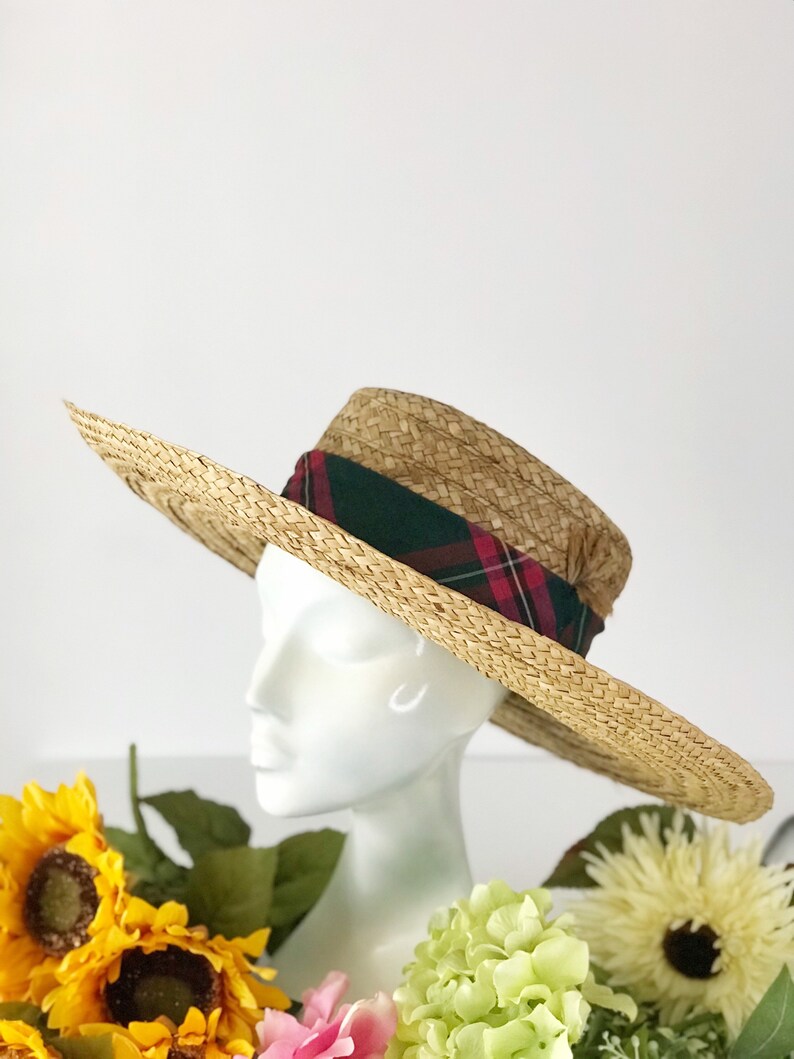 Wide Brim Plaid Boater Hat Wall Decor Vintage Hat Giant Brim Straw Hat image 3