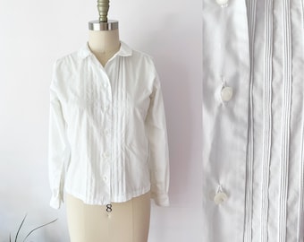 SIZE S 1960s White Peter Pan Collar Pintucked Blouse - 60s Cotton Pleated White Top Shirt Academia Cottagecore Long Sleeve