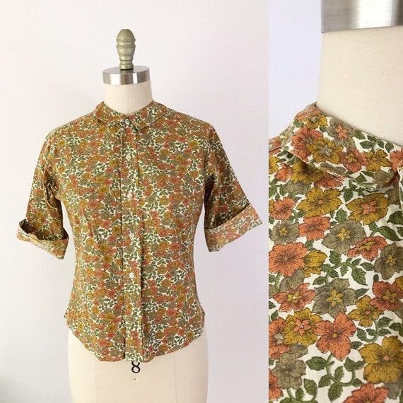 Vintage Cotton Floral 1950s Button Up Blouse Earth