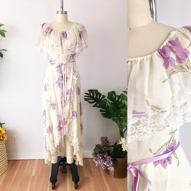 SIZE S Vintage 1970s Purple Peasant Prairie Dress Ruffle Tiered Floral Off the Shoulder Gauze Cottagecore Hawaiian image 1