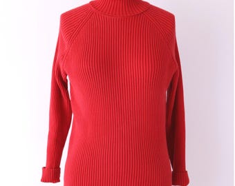SIZE L Jeanne Pierre Turtleneck Sweater Red Ribbed Cotton Blend Raglan Large