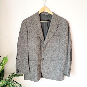 GRÖSSE L Stafford Blazer Grau Wolle Tweed Sportjacket Elbow Patches Vintage Herren