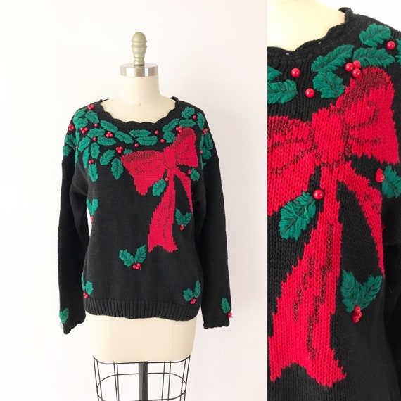 SIZE S 1980s Christmas Holly Holiday Sweater / 80… - image 1