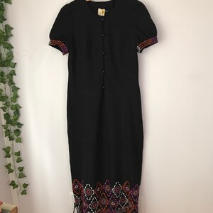 SIZE M/L Courtelle Embroidered Sheath Dress 60s or 70s Black Embroidered Puff Sleeve Dress Maxi Dress Winter Fall Cozy Knit image 2