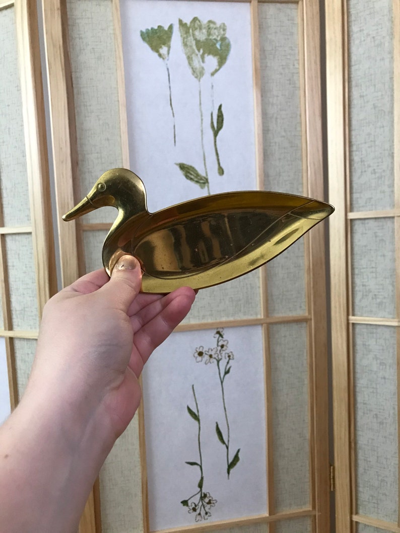 Vintage Brass Duck Trinket Dish Catchall Jewelry Loose Change Earring Holder Ring Catcher