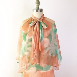 SIZE XS / XXS Vintage 1970s Peach Chiffon Floral Maxi Dress 70s Sheer Capelet Shawl Long Dress Orange Teal image 5