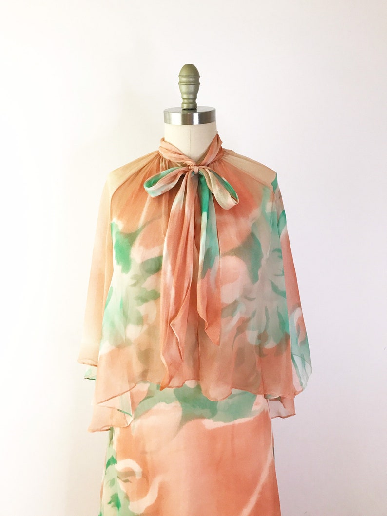 SIZE XS / XXS Vintage 1970s Peach Chiffon Floral Maxi Dress 70s Sheer Capelet Shawl Long Dress Orange Teal image 5