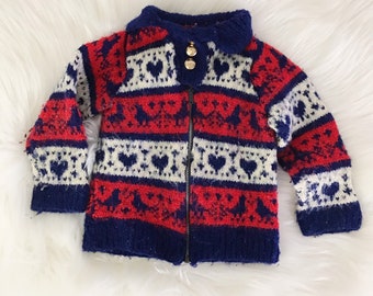 18 MONTH Vintage Hand Knit Fair Isle Sweater Cardigan Red & Blue 1940s Birds Hearts Metal Zip Wool