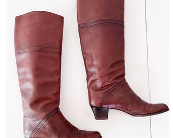 SIZE 7 Narrow Leather Riding Boots 1980s Reddish Brown