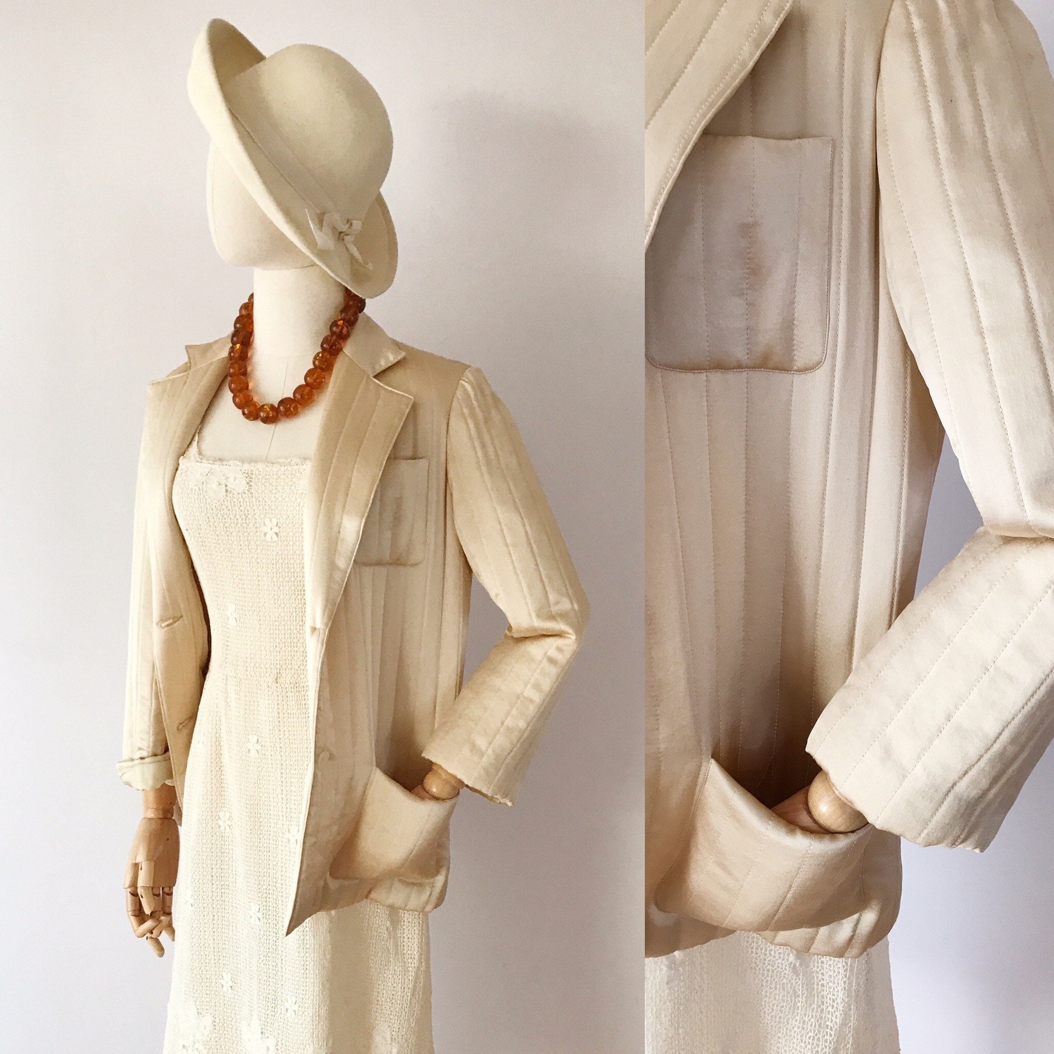 M 70s Quilted Silk Satin Blazer Cream 