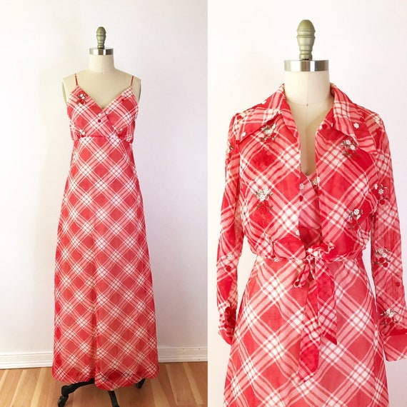 SIZE XS 1970s Gingham Maxi Dress / 70s Red Picnic… - image 1