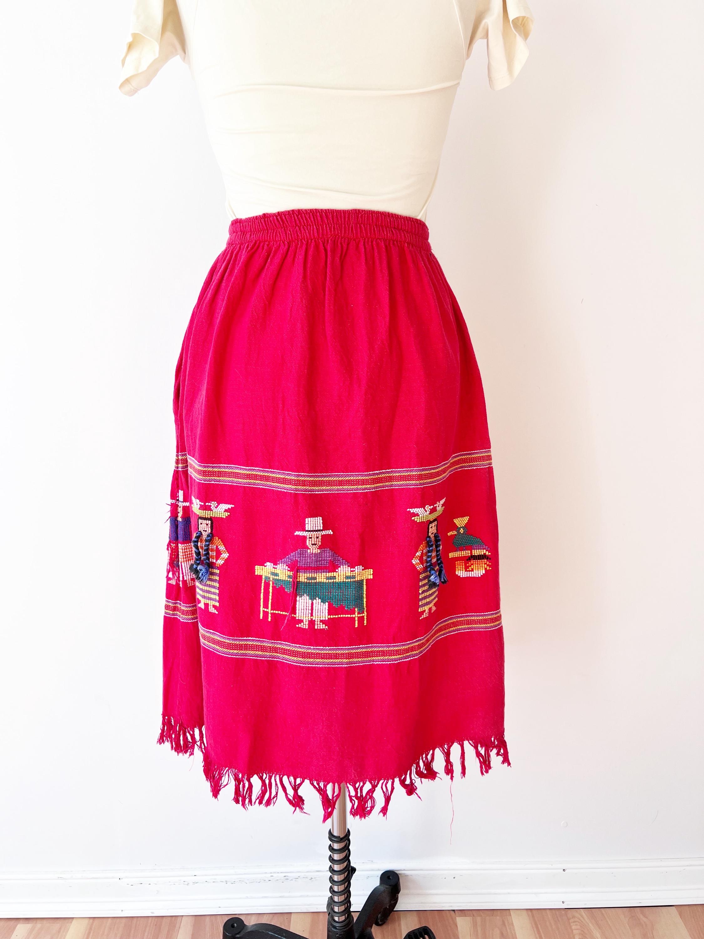 サイズ XS-L 刺繍入り南米コットンスカート - 70年代 ポケット付き観光