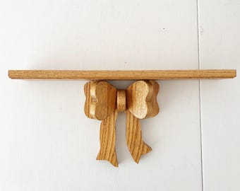 Vintage Bow Floating Shelf Light Brown Oak Wood Hand Carved Wall Ledge 18 Inch