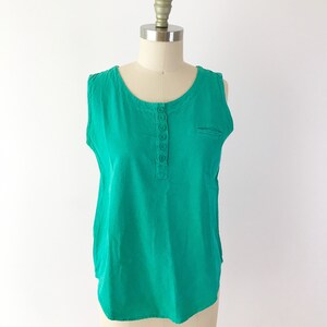 SIZE M Vintage Thick Cotton Teal Tank Top Teal Green Vintage Button Scoop Neck Shirt Sleeveless Solids image 2