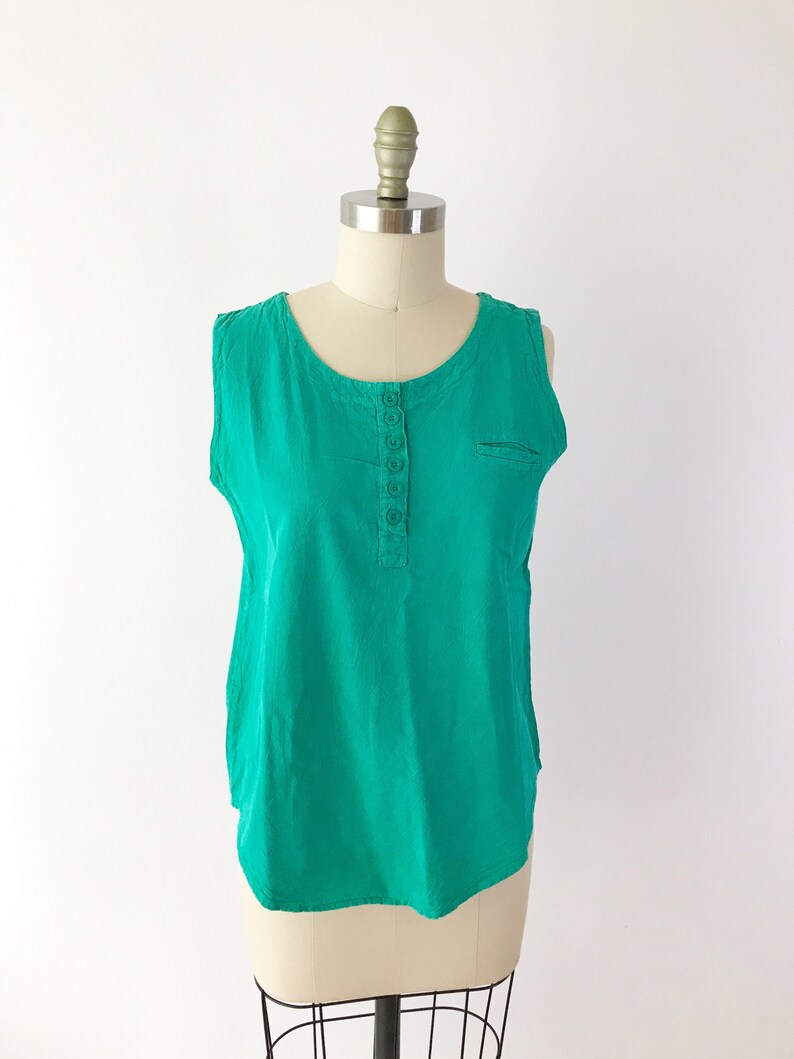 SIZE M Vintage Thick Cotton Teal Tank Top Teal Green Vintage Button Scoop Neck Shirt Sleeveless Solids image 2