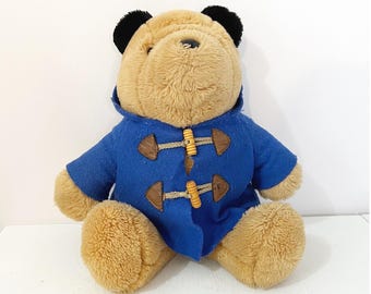 Sears Paddington Bear Plush Tan Blue Hooded Duffle Coat Vintage 1980s Toy