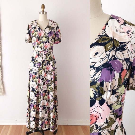 ShopFoxburrow Size S Vintage Flutter Sleeve Floral Maxi Dress Purple S Painted V Neck Long Floor Length Beautiful Handmade