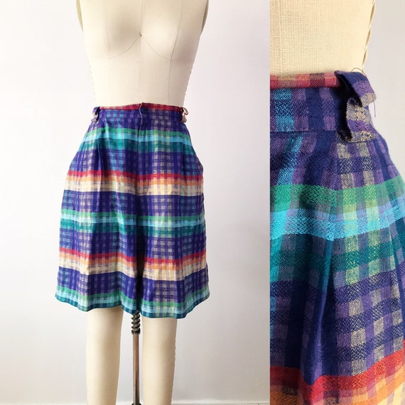 SIZE M 1980s High Waisted Plaid Shorts - 80s High… - image 1