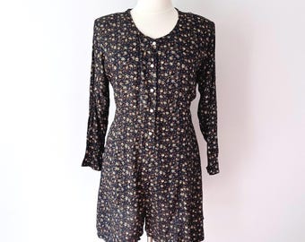 SIZE 2X Mister Noah Plus Romper Navy Blue 90s Vintage Floral Button Front Rayon