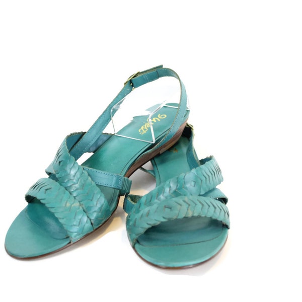 1980s Teal Green Strappy Sandals / 80s Teal Blue Braided Size 10 Small Wedge