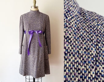 SIZE S/M 1960s Geoffrey Beene Purple Tweed Dress - Archive Twiggy Mini Dress - 60s Long Sleeve - Designer Warm Heavy Weight Winter Fall