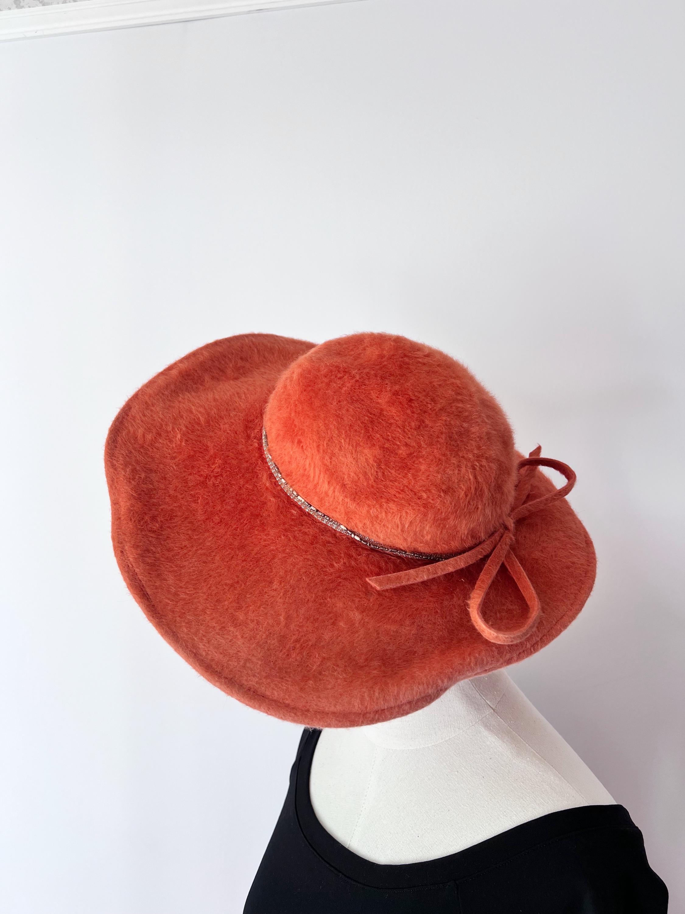 Vintage 1950s Fuzzy Hat / 50s Orange Wide Brim Mohair Cap  display picture 1