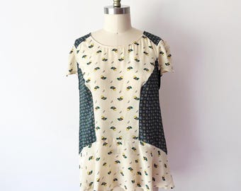 Maeve Silk Blouse Cream Green Acorn Print Mixed Pattern Peplum Top Anthropologie