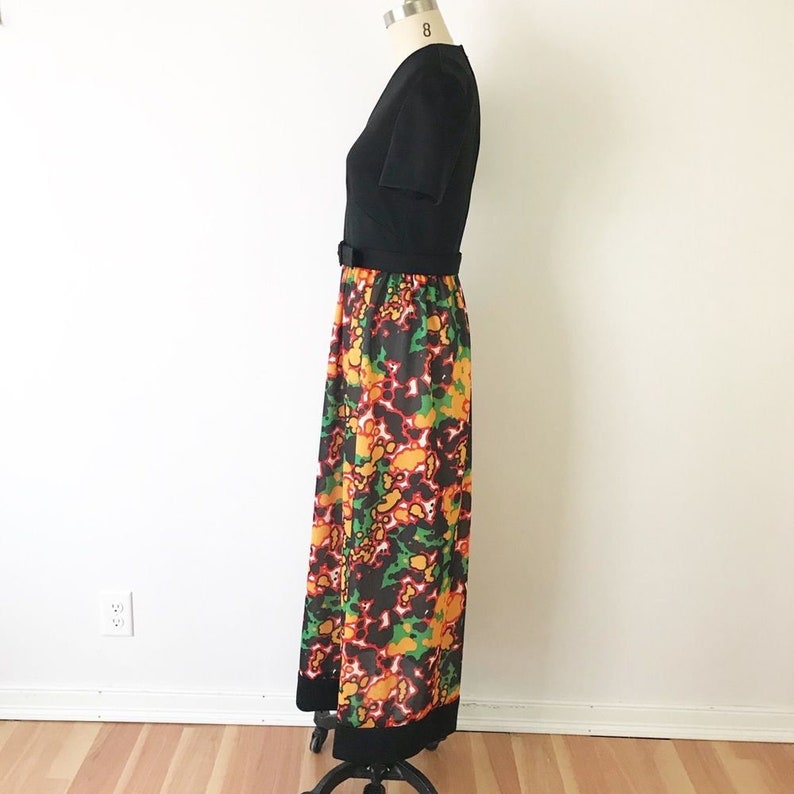 SIZE SM Vintage 1970s Black Maxi Dress Hostess Long V Neck