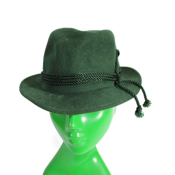 FOREST Green FEDORA with Rope Tassel Accents / Wool Fedora / 1950s Felt Hat size 7