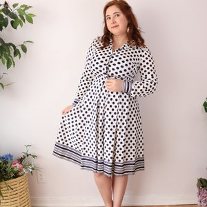 SIZE M Vintage 70s Blue & White Dot Dress Striped Polka Dot Dress Long Sleeve Shirt Dress Border Skirt Patriotic Dress Americana image 1