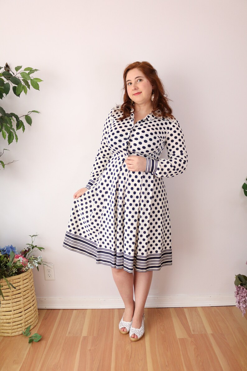 SIZE M Vintage 70s Blue & White Dot Dress Striped Polka Dot Dress Long Sleeve Shirt Dress Border Skirt Patriotic Dress Americana image 1