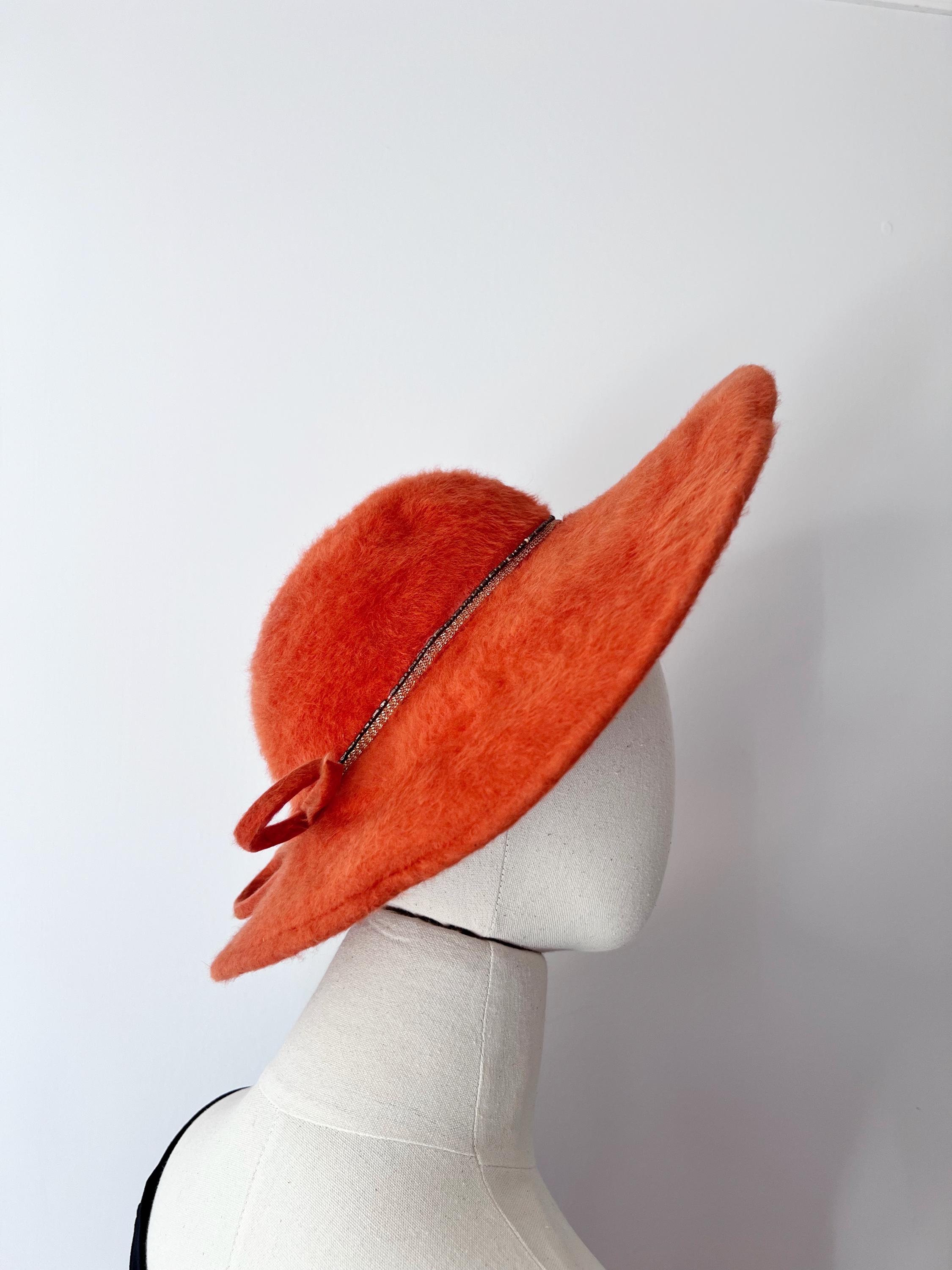 Vintage 1950s Fuzzy Hat / 50s Orange Wide Brim Mohair Cap  display picture 3