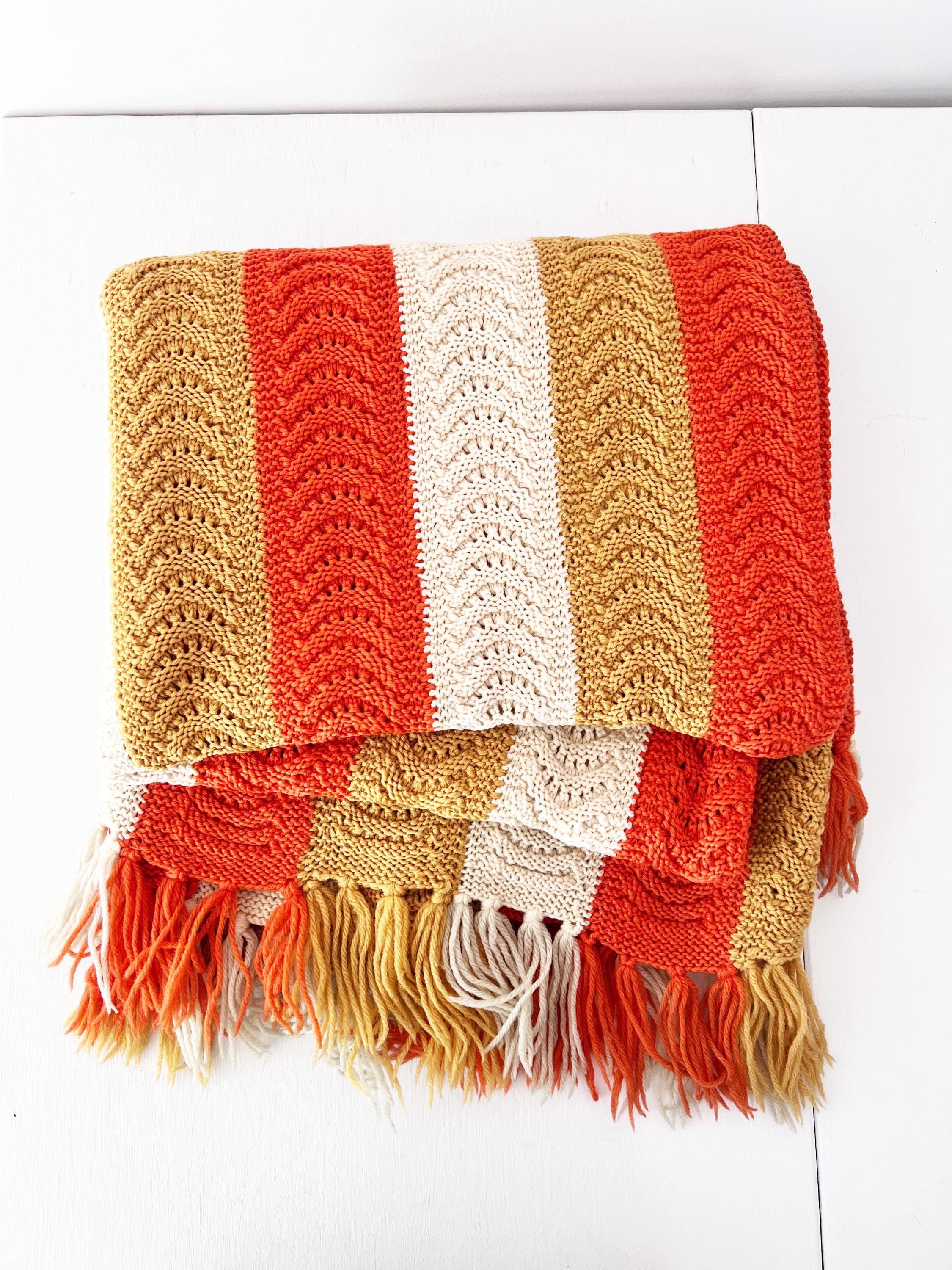 Vintage Fall Hand Knit Blanket, 1970s Handmade Afghan in Yellow
