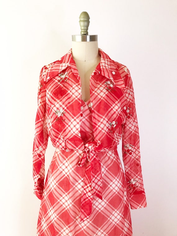 SIZE XS 1970s Gingham Maxi Dress / 70s Red Picnic… - image 2