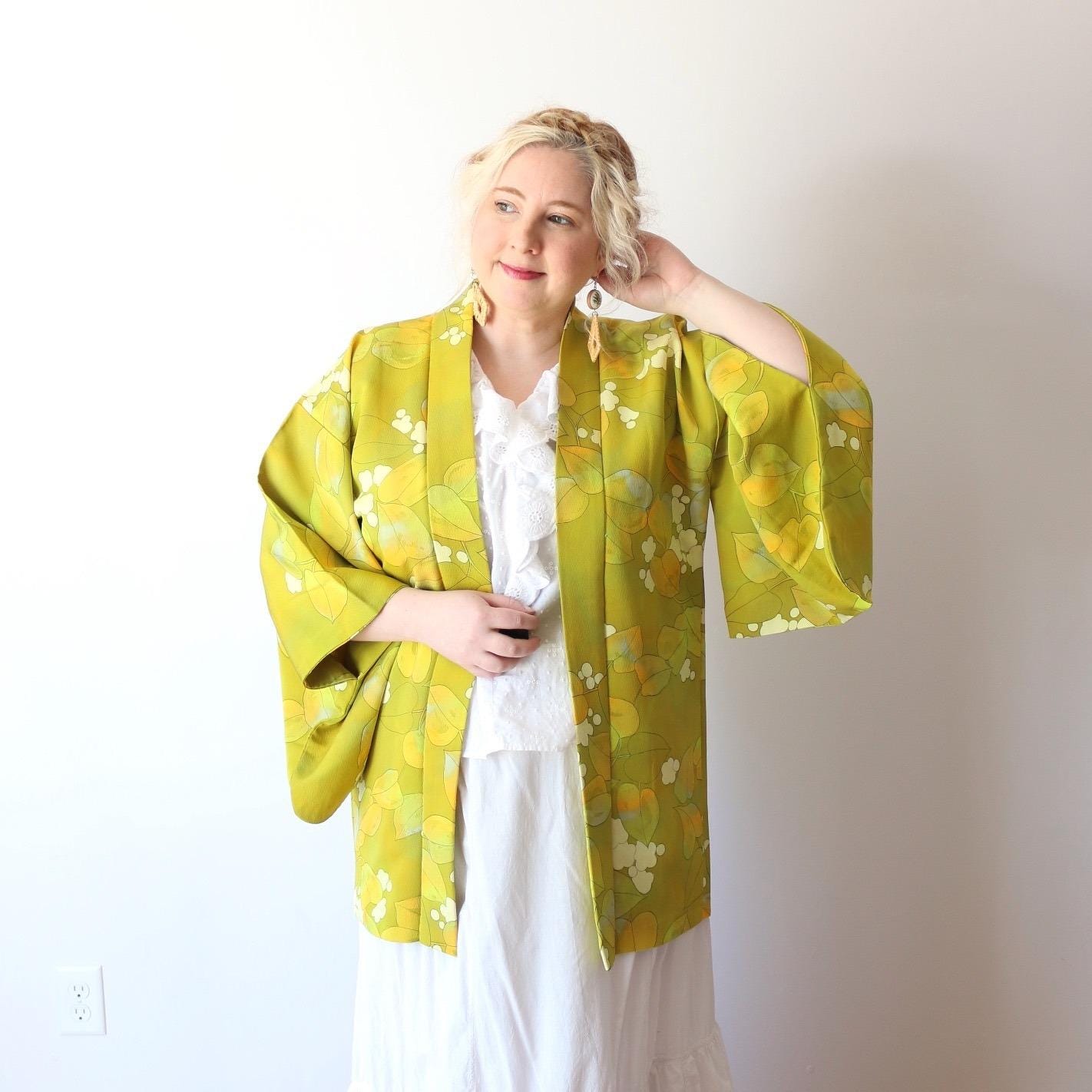 Vintage Japanese Haori Chartreuse Green Botanical Floral Silk